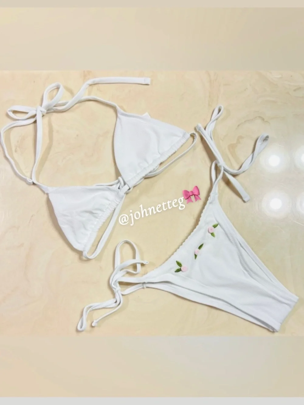 PINK by FRANKIES BIKINIS Cape May Top Rosemary Bottom Bikini White Rosette M